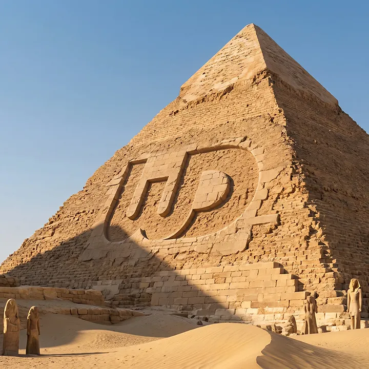 Great Pyramid of Giza in the desert with a massive Womp Designs logo etched into its stone side.