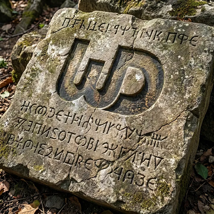 Ancient cracked stone block with a carved WD logo surrounded by chiseled runic text.