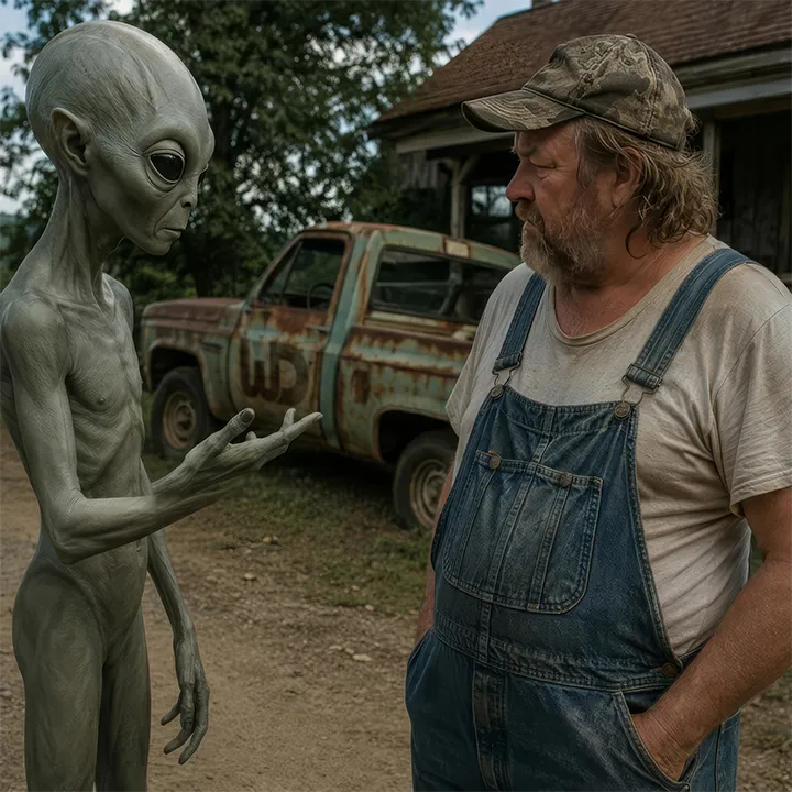 A grey alien interacting with an elderly man in denim overalls next to a rusty pickup truck with a Womp Designs logo on it.