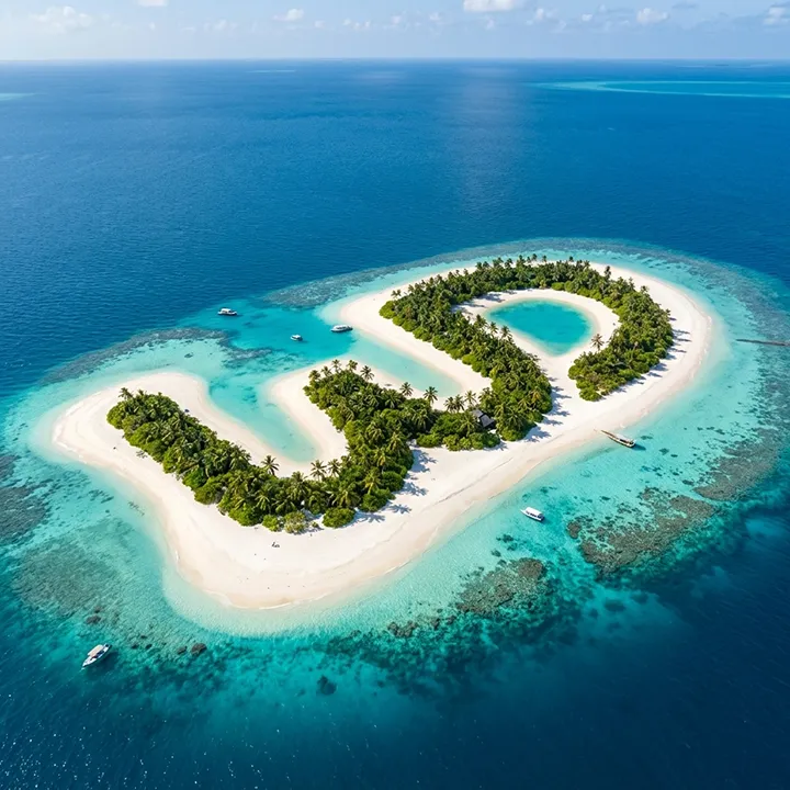 Aerial view of a tropical island shaped like the Womp Designs logo in the blue ocean.