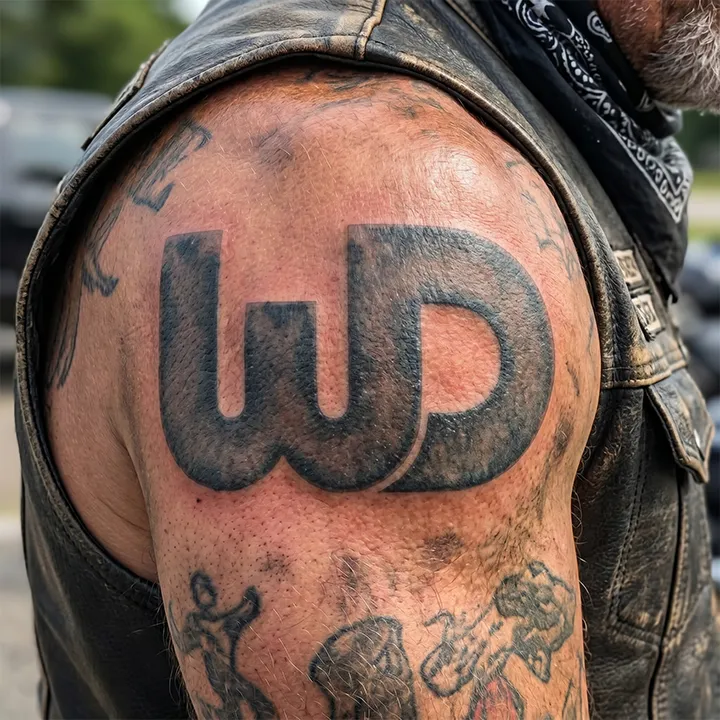 A close-up of a person's upper arm showing a large, bold black tattoo of a stylized WD logo amidst other older, faded tattoos.