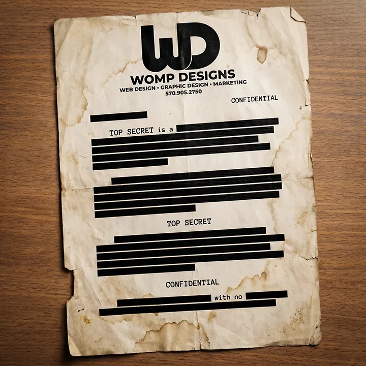 A stained, aged piece of paper with the WOMP DESIGNS logo at the top. The rest of the document features heavily redacted lines of text under a CONFIDENTIAL and TOP SECRET layout.